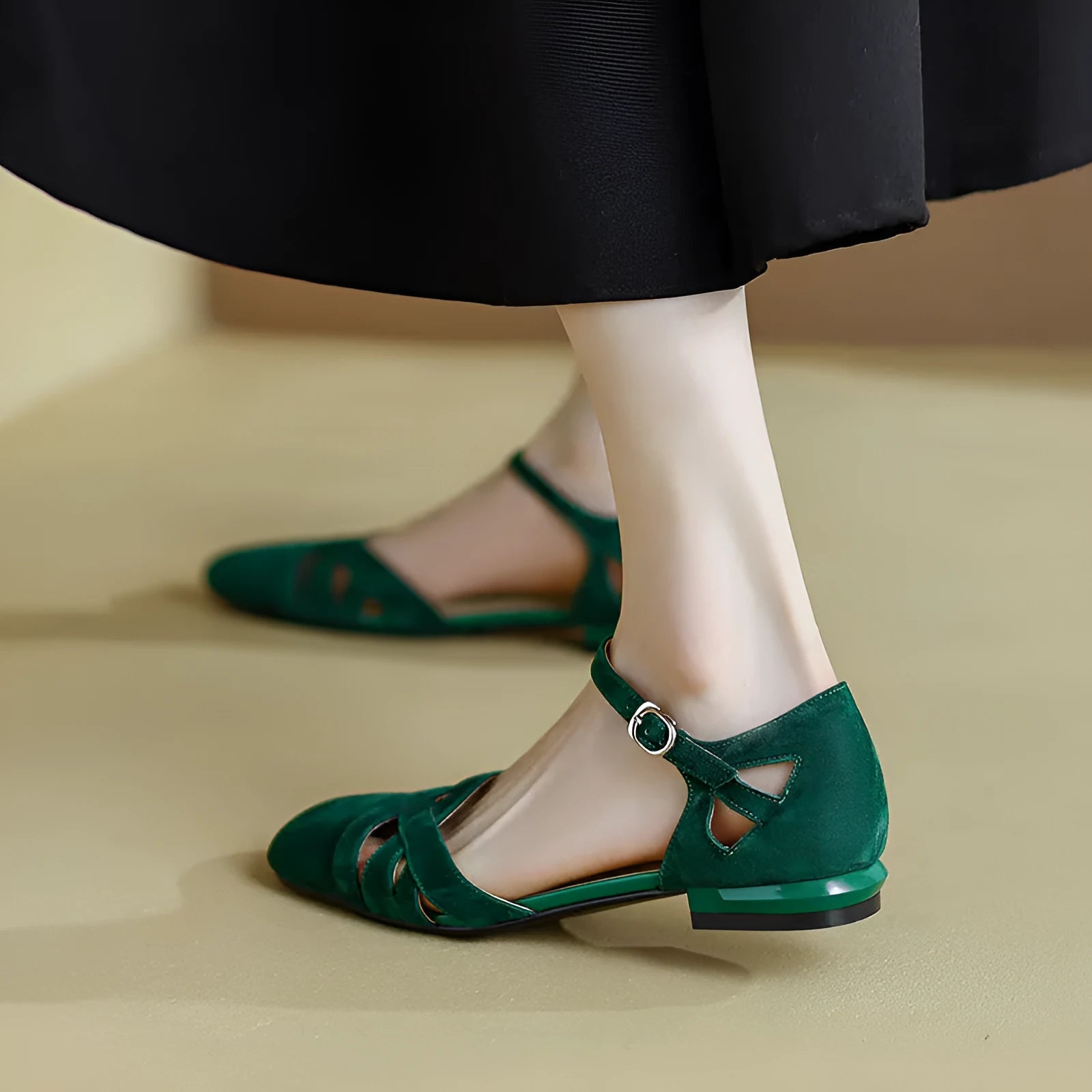 French style retro Roman sandals with buckle closure in apricot and green colours