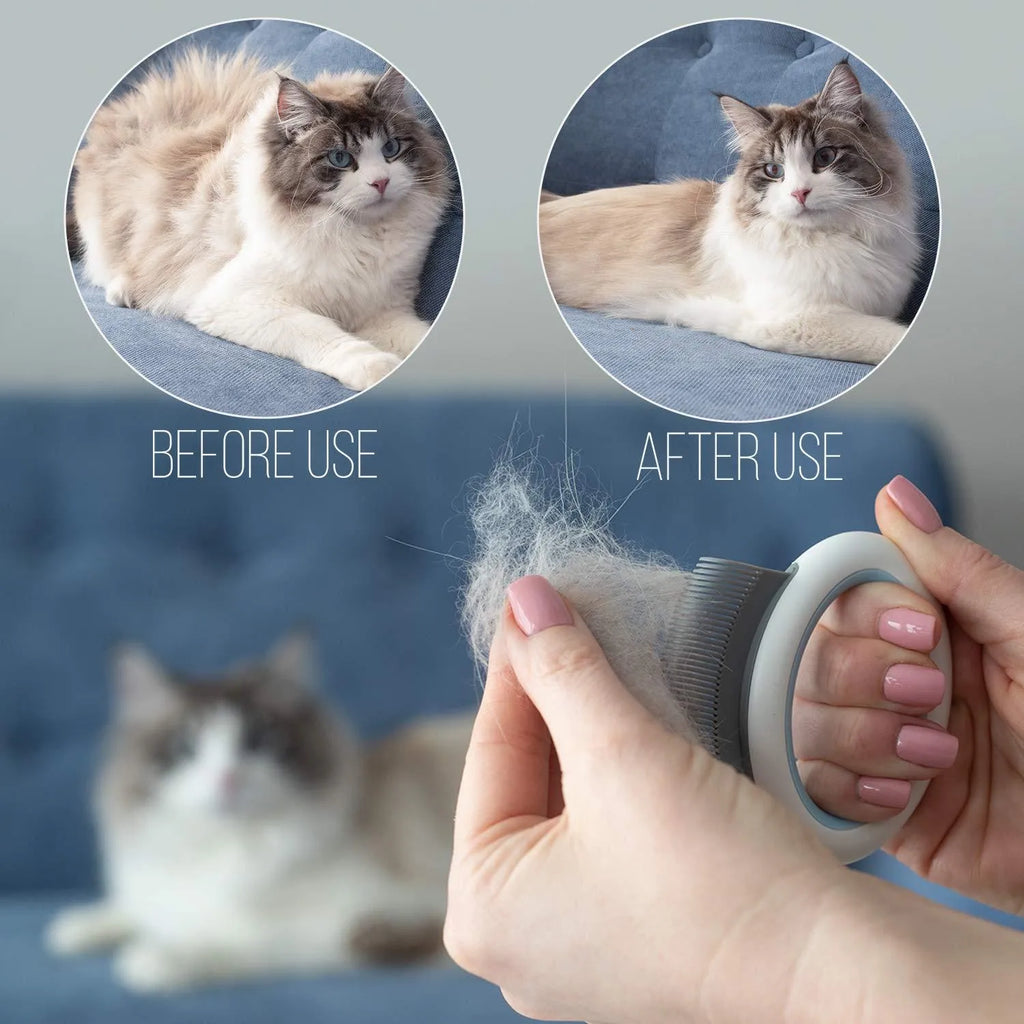 Blue pet grooming comb with ergonomic handle and soft teeth for cats and dogs on a white background.
