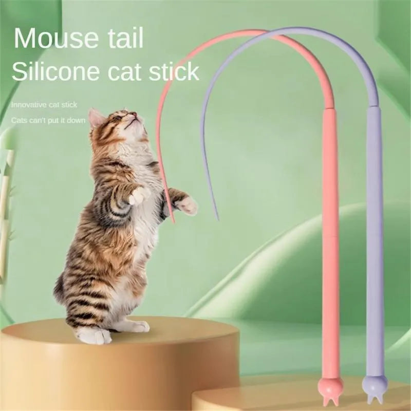 Simulated mouse tail cat toy with silicone tail and cat head design in blue or pink colours