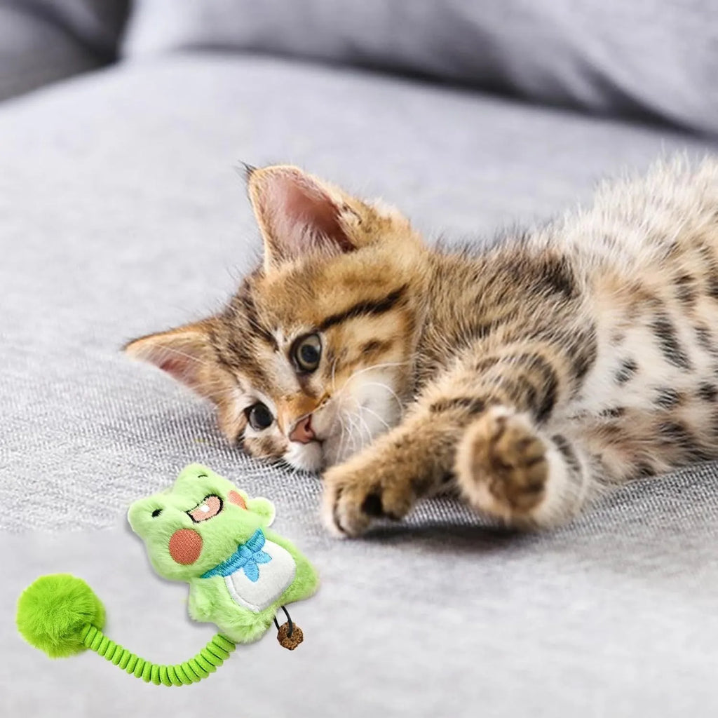 4-in-1 interactive cat toy set with plush animal, silvervine fruit, stretching spring, and fuzzy red ball.