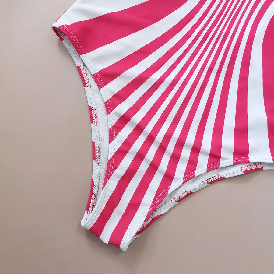 Pink striped women's one-piece swimsuit with front and back digital printing.