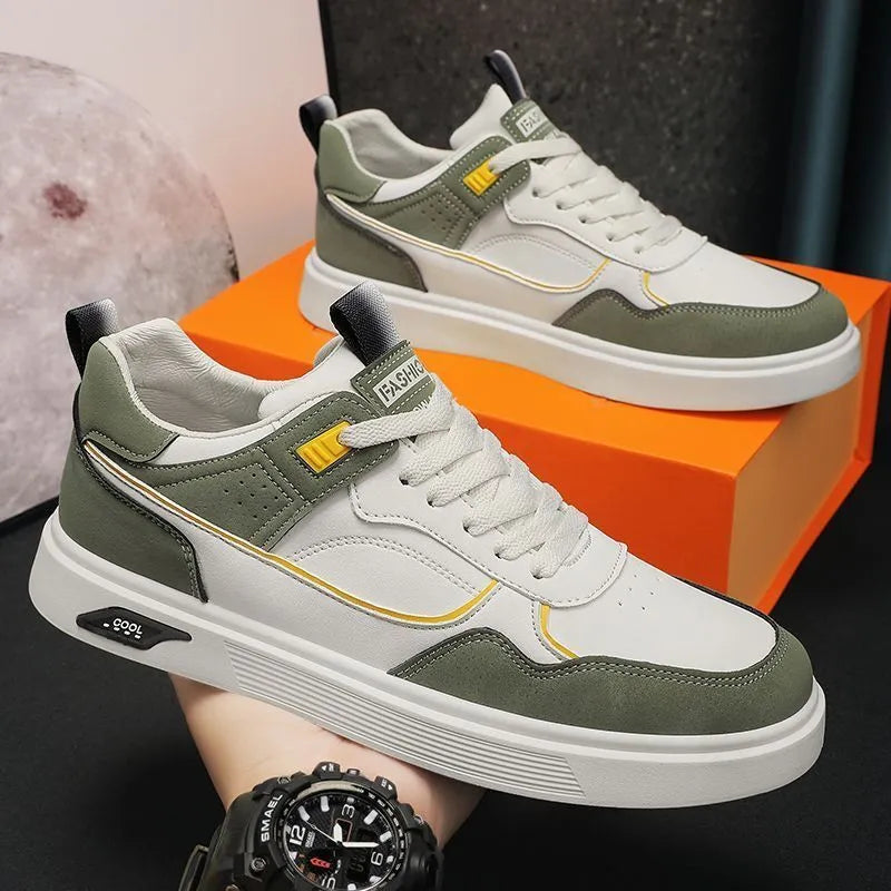 Men's solid-colour canvas board shoes with leather stitching and mesh lining.