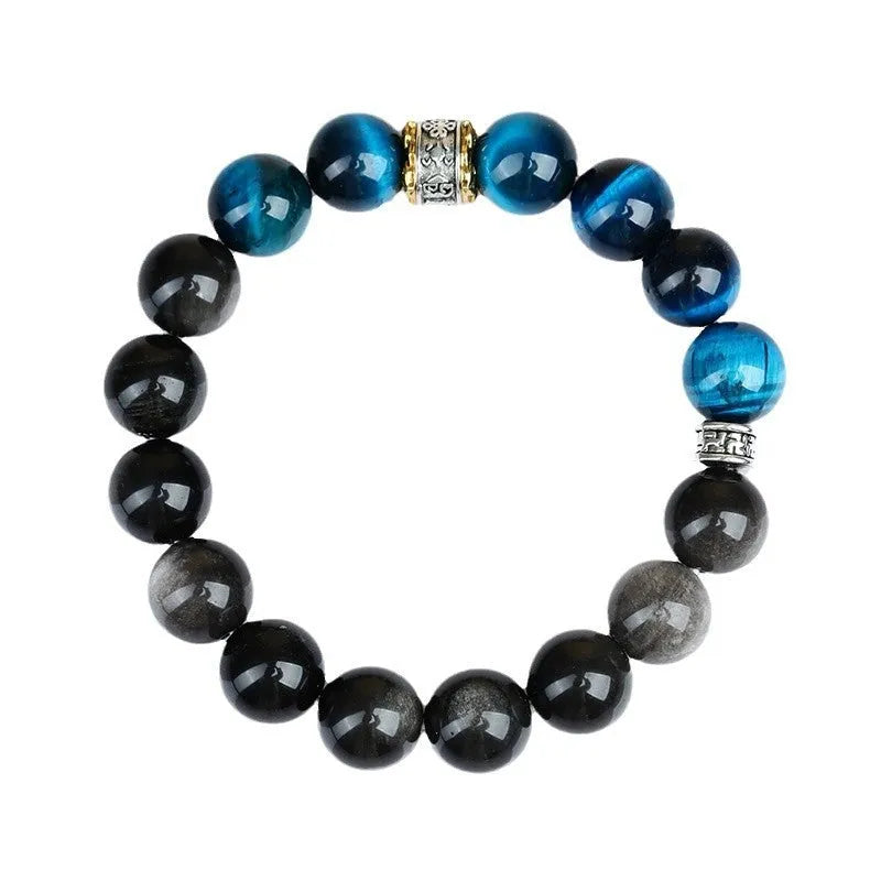 Handmade peacock blue Tigereye bracelet with silver stone accents in geometric ethnic design