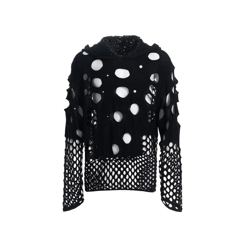 Black men's hollow knit hoodie with pearl decoration on the chest, loose fit.