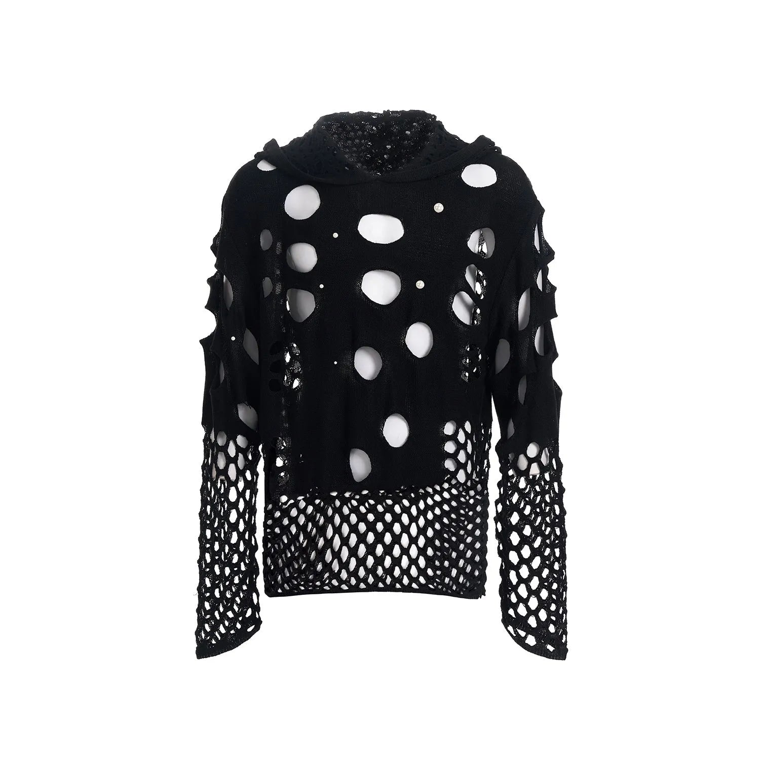 Black men's hollow knit hoodie with pearl decoration on the chest, loose fit.