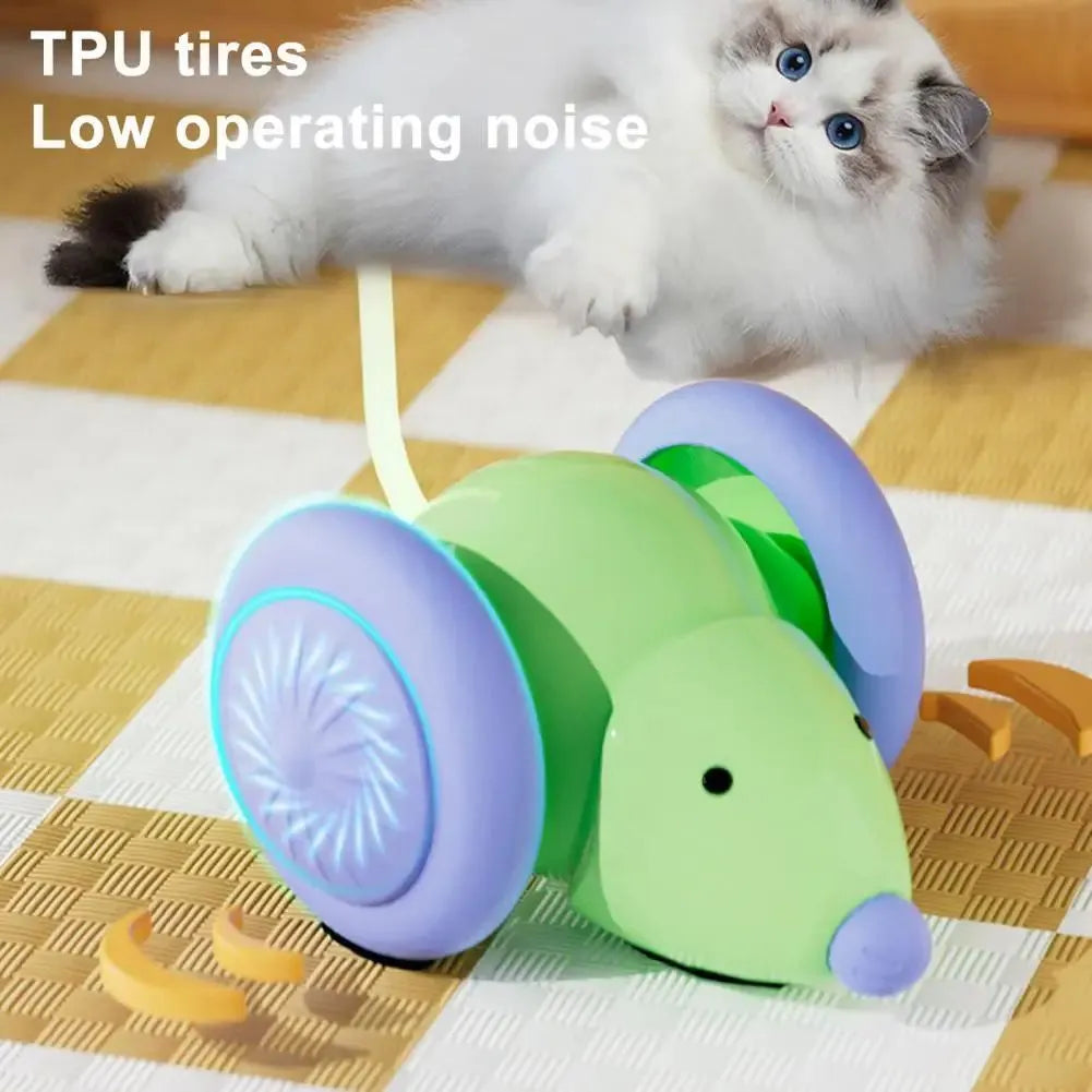 Green and white plastic automatic electric mouse cat teasing stick toy for indoor cats