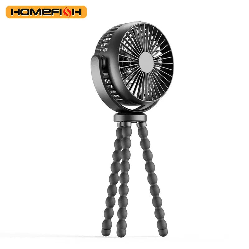 HOMEFISH F2 handheld fan with automatic shake head, LED light, and removable mounting bracket.