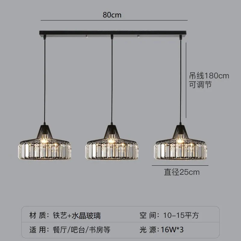 Modern crystal LED ceiling chandelier with black iron frame and decorative crystal elements