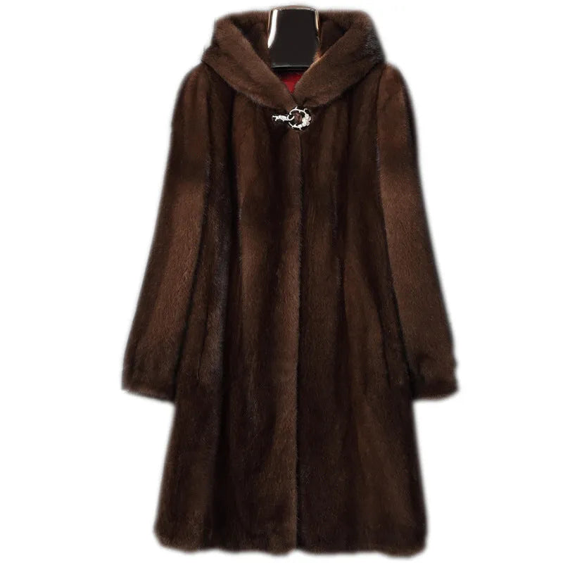 Women's black faux fur hooded coat with regular sleeves on a hanger