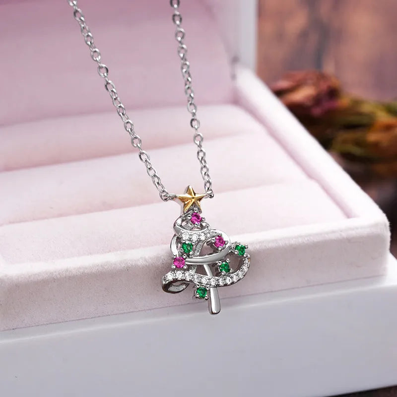 Two-tone copper inlaid zircon Christmas tree necklace with star and geometric snowflake pendant, O-ring chain