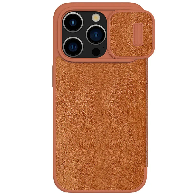 Imitation leather flip phone case for iPhone, shown in black, brown, and red colour options.