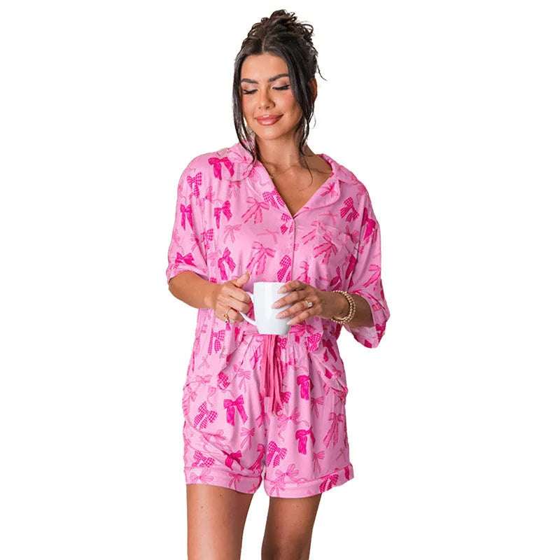 Pink bow print two-piece pajama set with thin polyester fabric