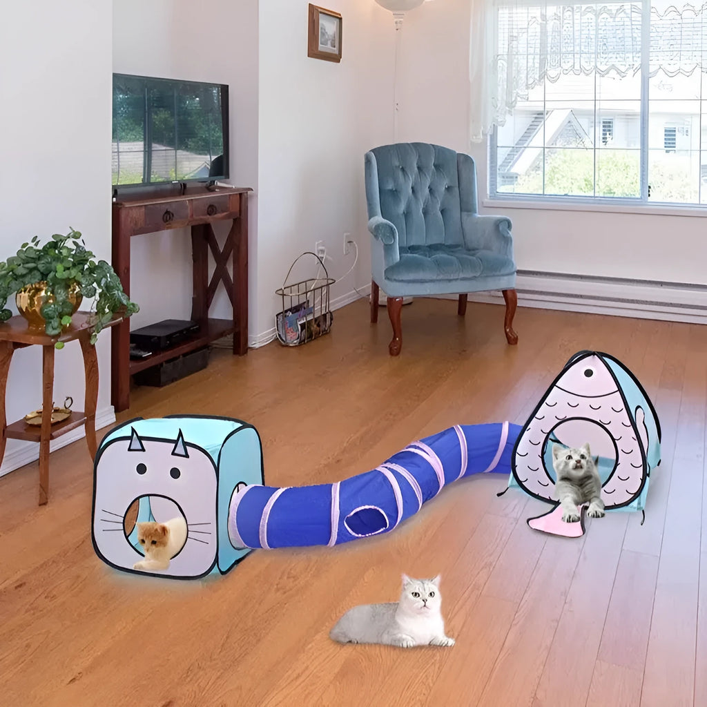 Foldable grey cat tent and tunnel toy with colourful cat and fish pattern graphics.
