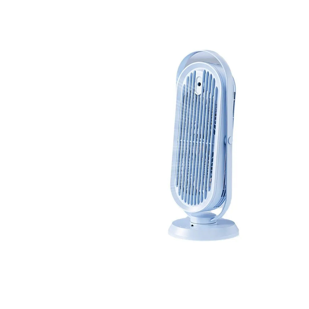 White modern desktop USB tower fan with remote control on a wooden desk, showing dual air outlets.
