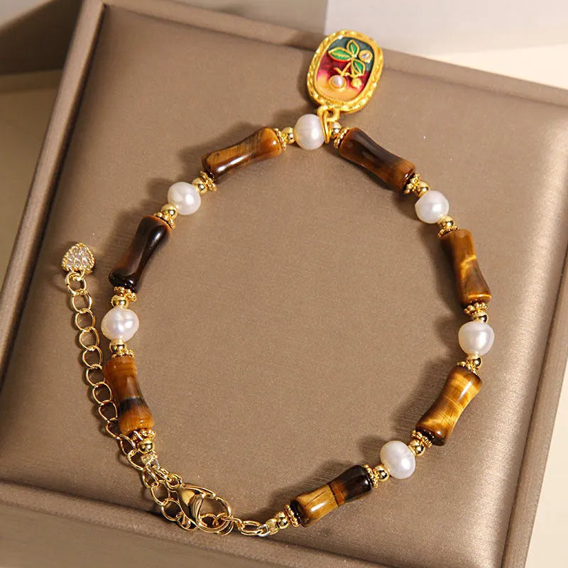 Chinese style stone bamboo bracelet with glass beads in amber colour for women