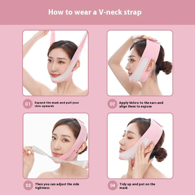 Pink and black elastic V-shaped face bandage facial care tool on a white background.