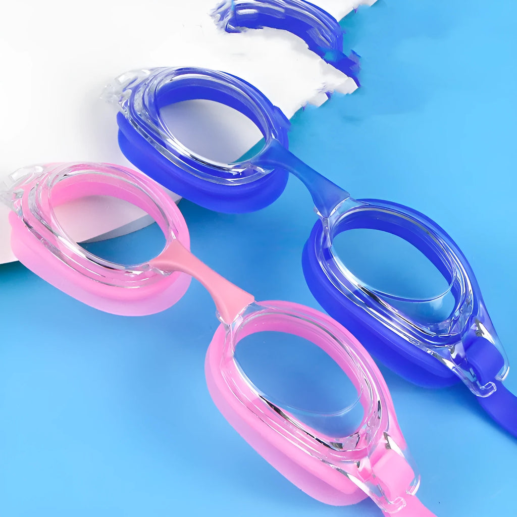 Black myopia swimming glasses with adjustable strap and protective case.