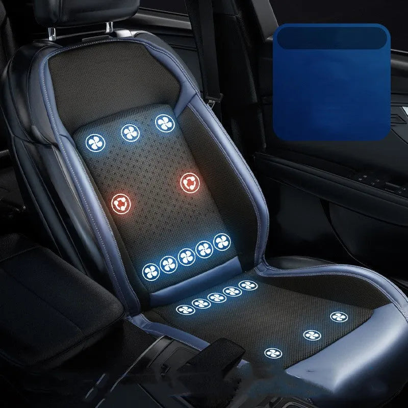 Minimalist black car seat cooling cushion with built-in ventilation fans and a USB power cable.