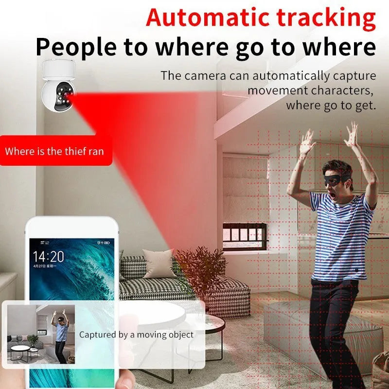 White wireless indoor security camera with 360-degree rotation and full-colour night vision capabilities