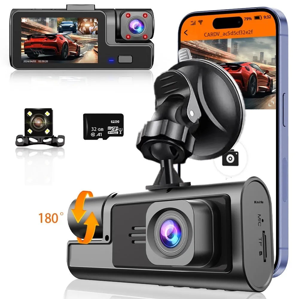 WiFi driving recorder with 2-inch screen on car windscreen showing rear camera view.