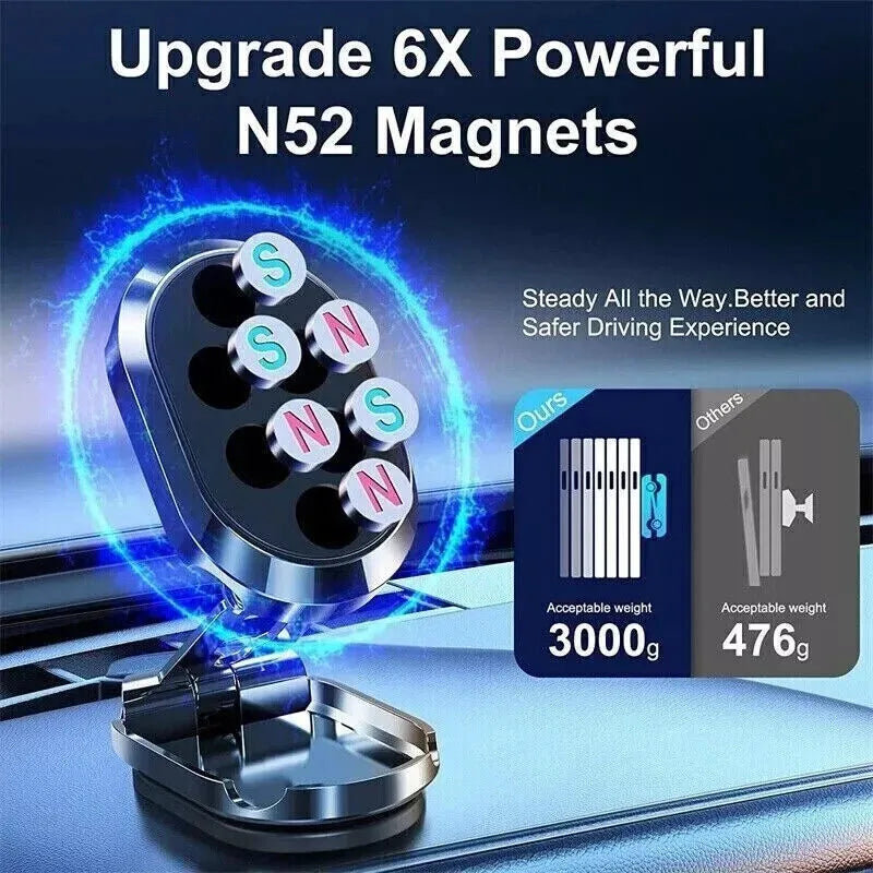 Stainless steel magnetic car phone holder with foldable bracket and 360-degree rotation