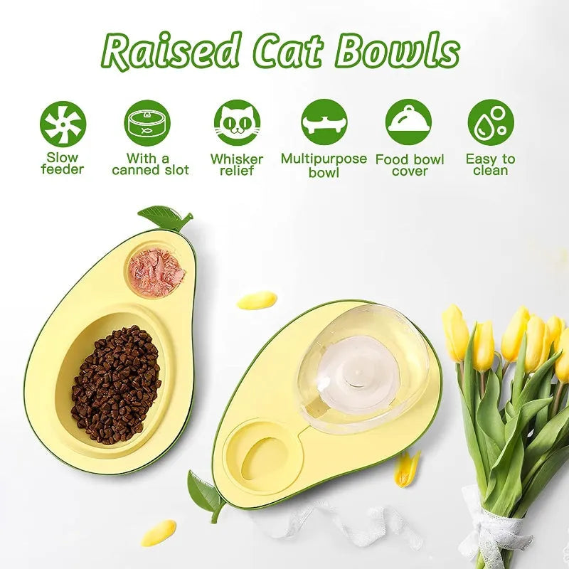 Green avocado-shaped automatic cat water dispenser and food bowl with slow feeder insert