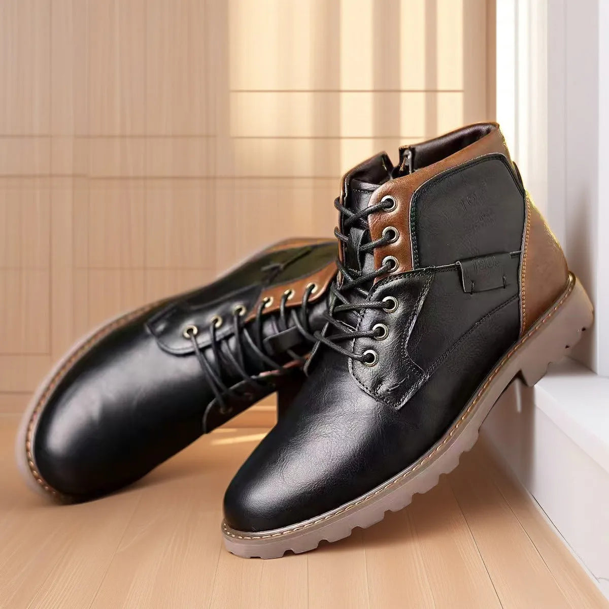 Men's brown ankle boots with side zipper and rubber sole on size 45