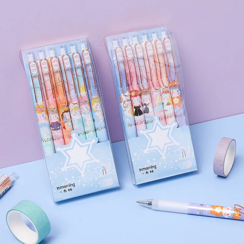 Six constellation-themed press gel pens with zodiac designs and 0.5mm tips