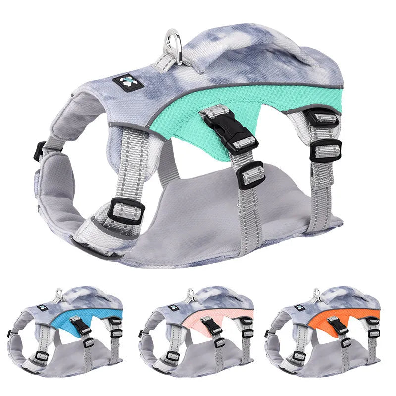 Reflective pet cooling chest strap harness for dogs in light blue, on a model.