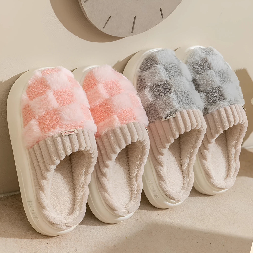 Women's plaid plush slippers with non-slip PVC soles in coffee, green, grey, pink or white colours