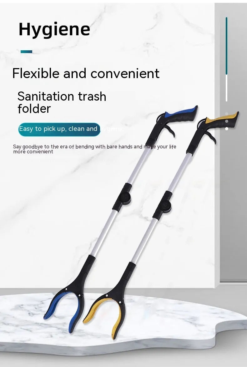 Foldable aluminium garbage clamp with blue handle extended to 80cm and folded to 42cm with magnet