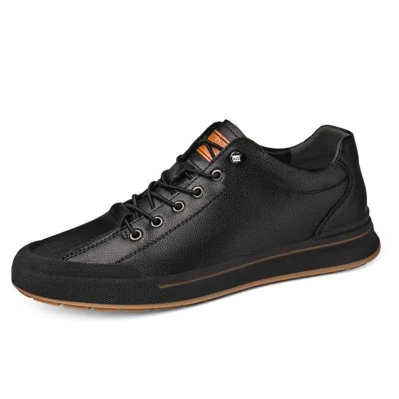 Men's round-toe casual shoes in matte leather, showing flat heel and breathable design on a white background.