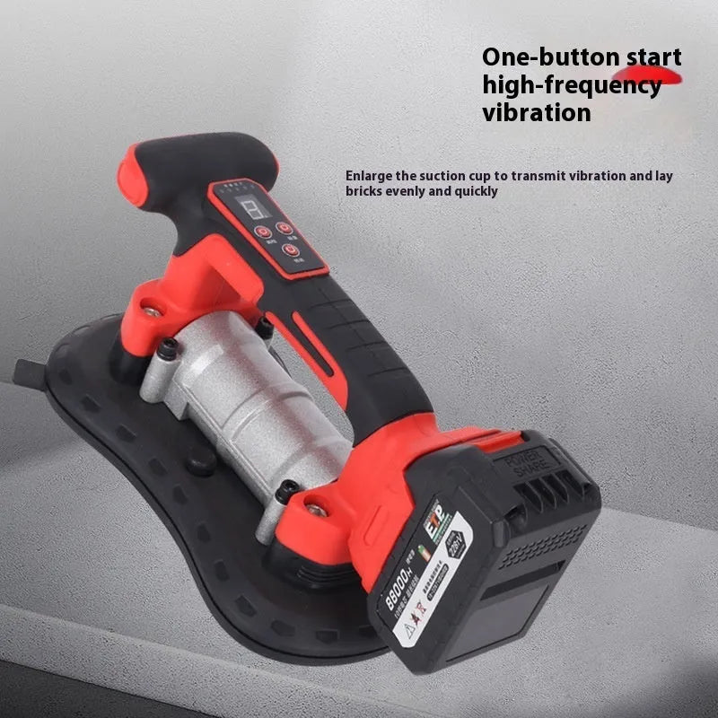 Cordless 21V electric tile laying machine with battery on a large format tile.