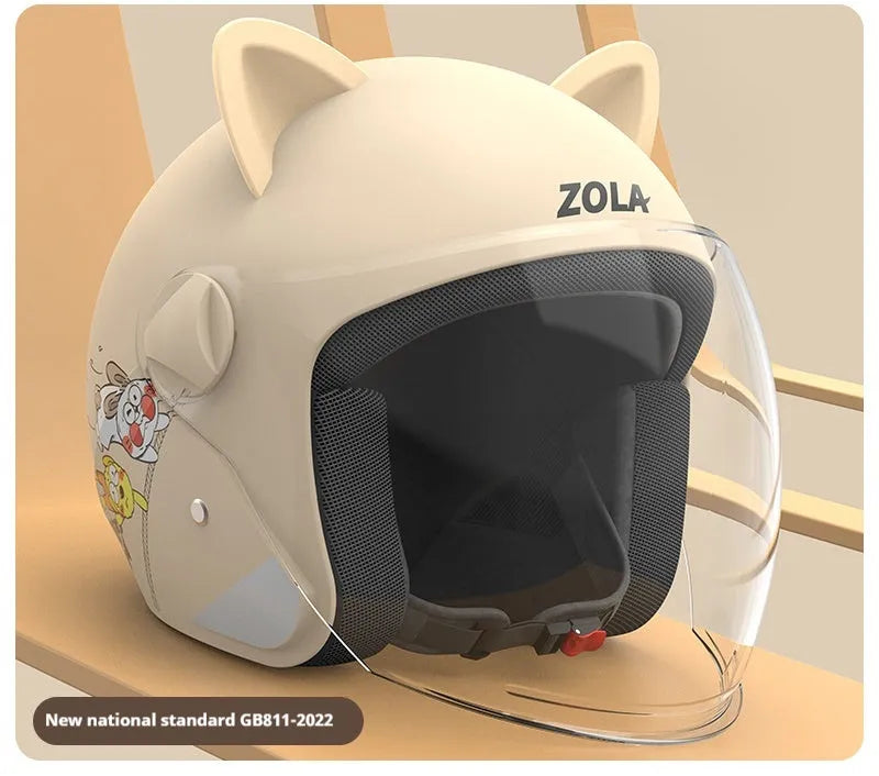 Adult winter electric bike helmet with attached scarf and ear covers in blue.