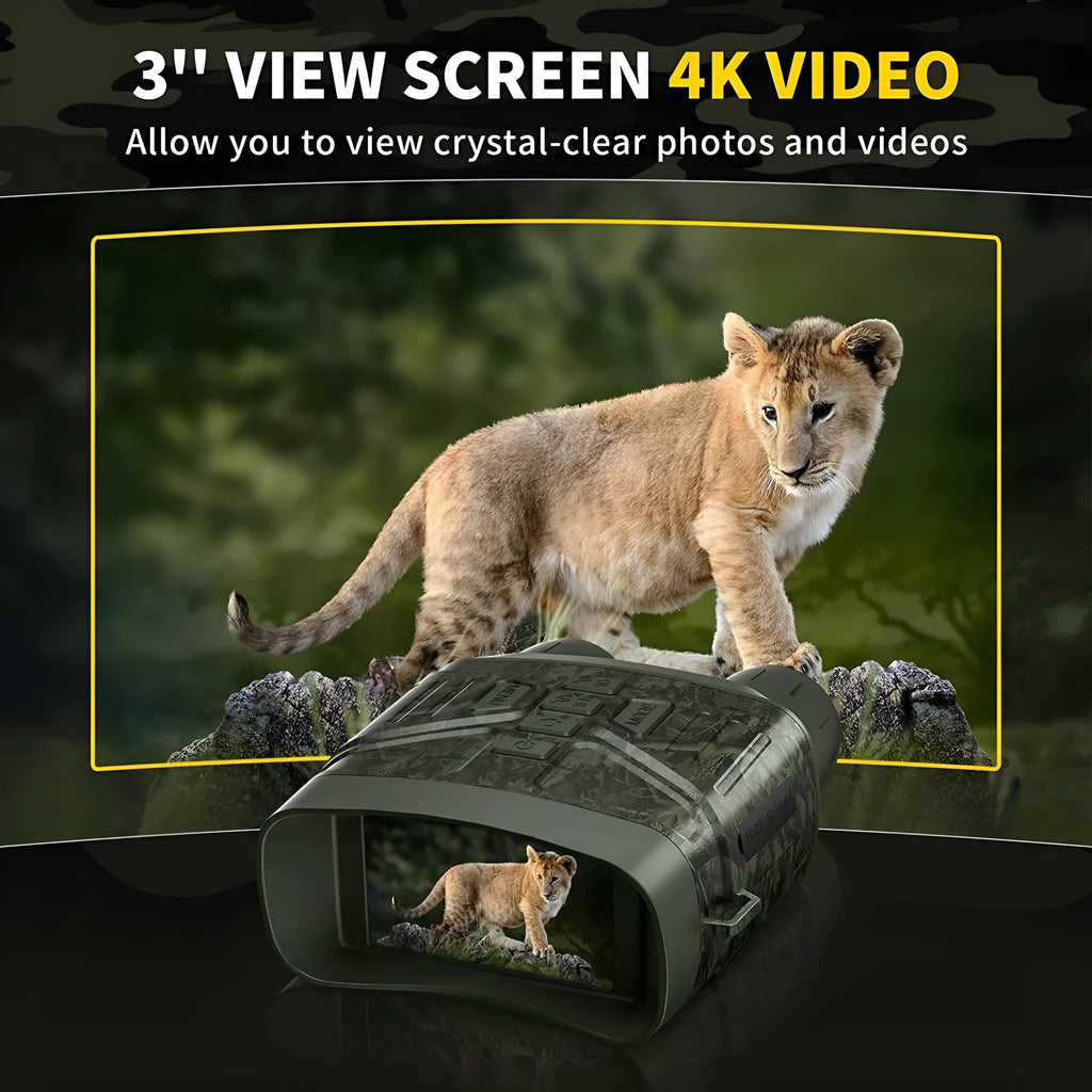 Black 4K night vision monocular with LCD screen showing night vision display