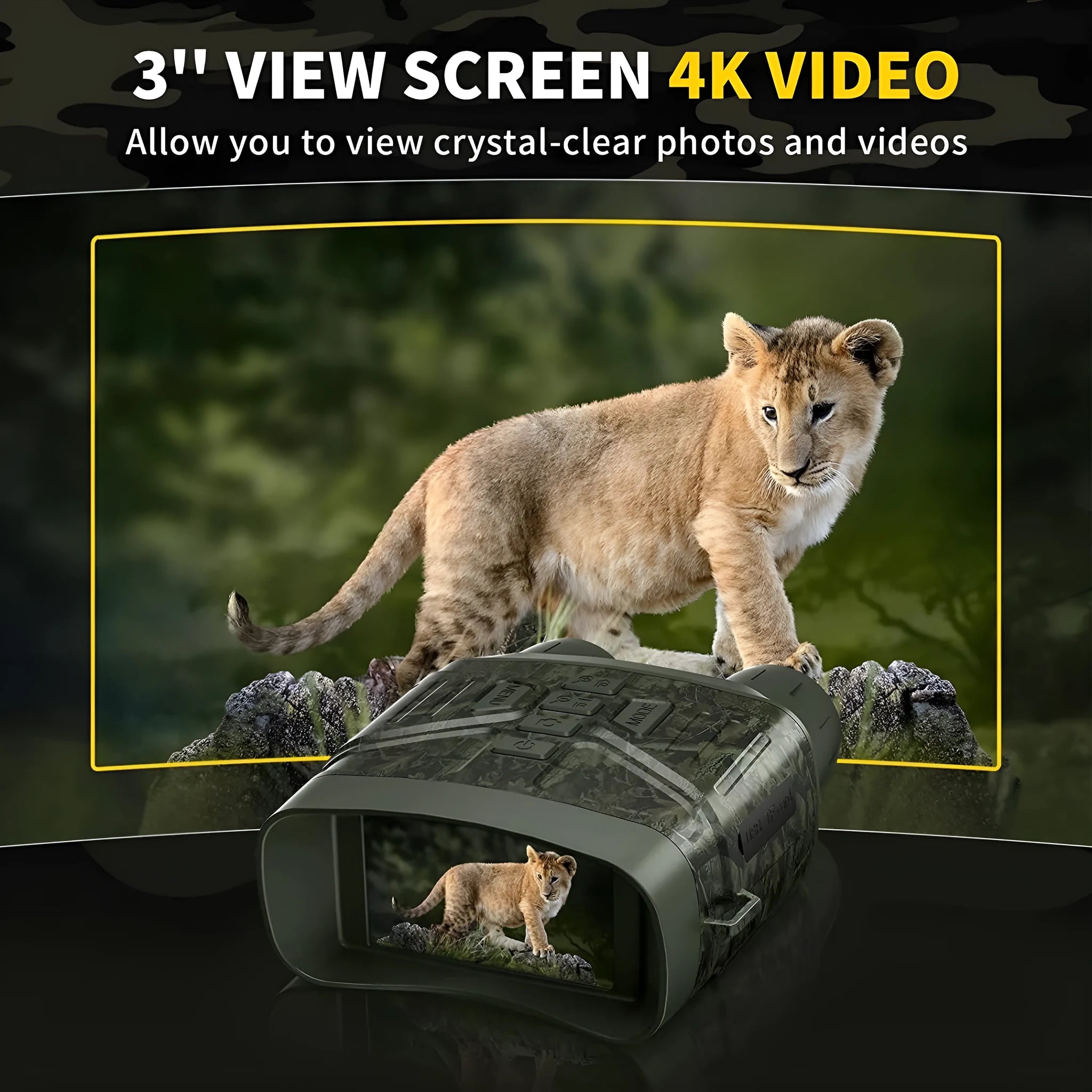 Black 4K night vision monocular with LCD screen showing night vision display