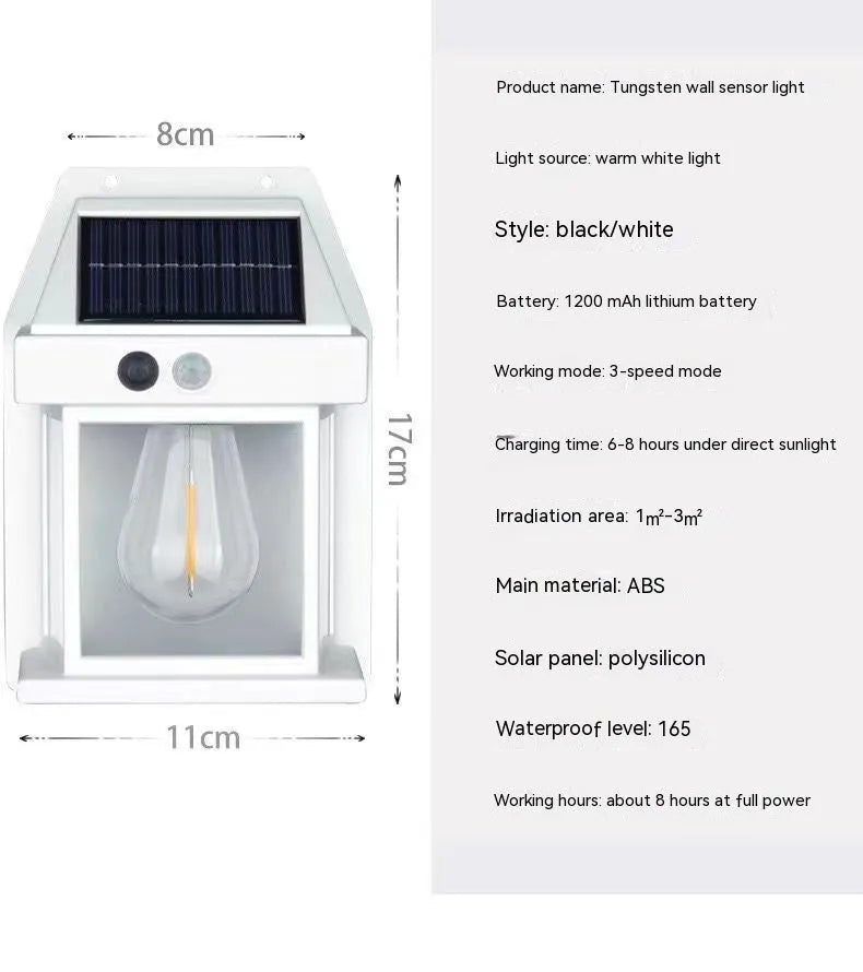 Solar tungsten wall lamp in black or white plastic with IP65 rating for outdoor garden and fence lighting