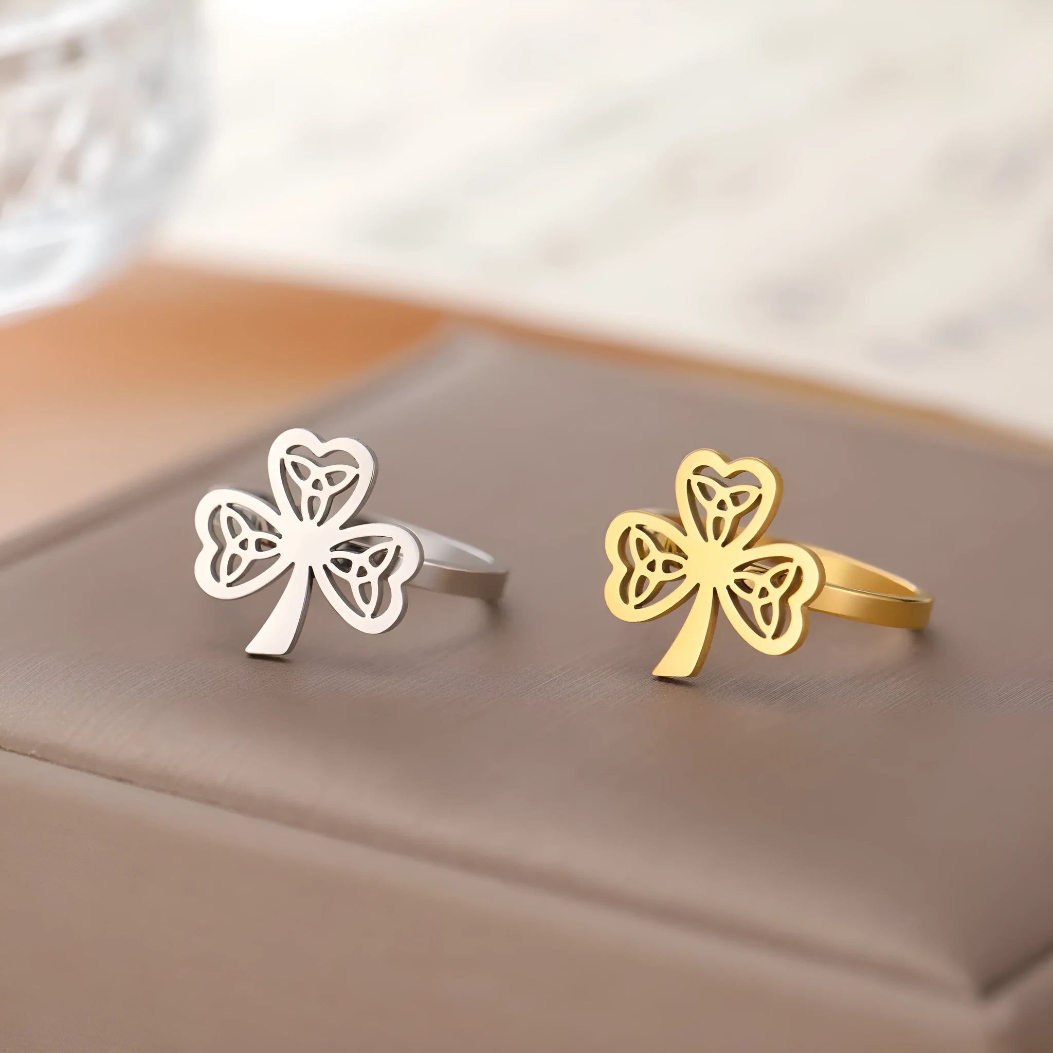 Stainless steel lucky hollow ring in gold or steel colour on size display