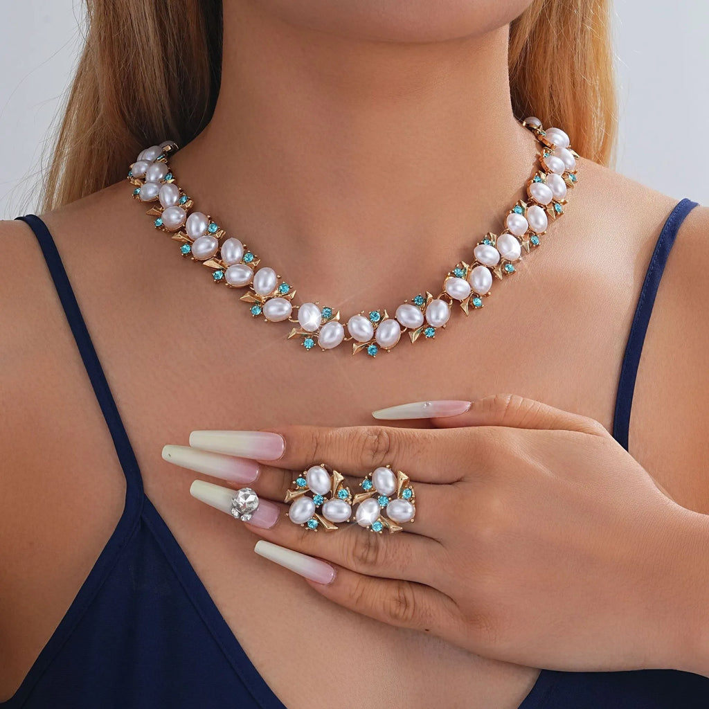 Turquoise pearl necklace and earrings suite with geometric rhinestone pendant on 41-50cm clavicle chain in peacock blue or yellow