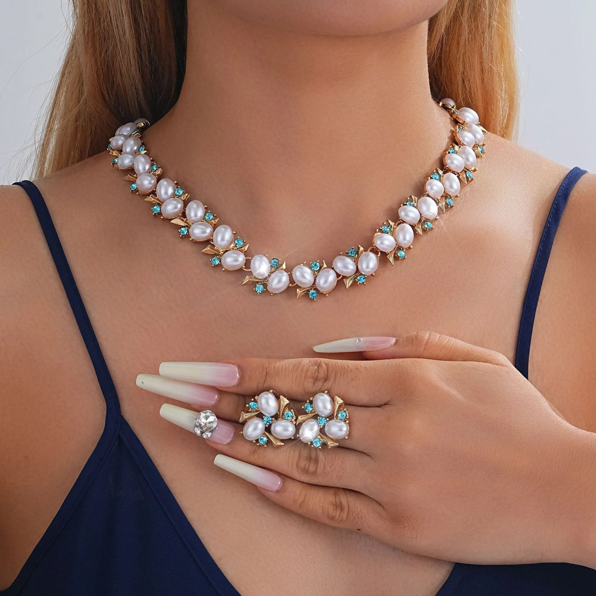 Turquoise pearl necklace and earrings suite with geometric rhinestone pendant on 41-50cm clavicle chain in peacock blue or yellow