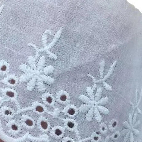 Roll of white cotton embroidery lace trim with cutout pattern, showing width variations.