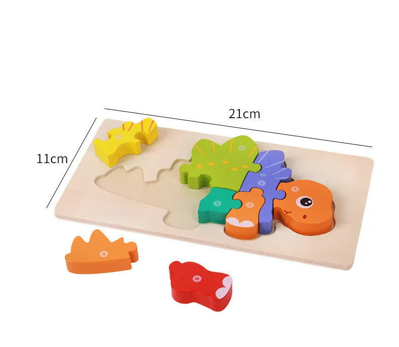 Wooden dinosaur 3D puzzle set for children with six designs including T-Rex and Triceratops