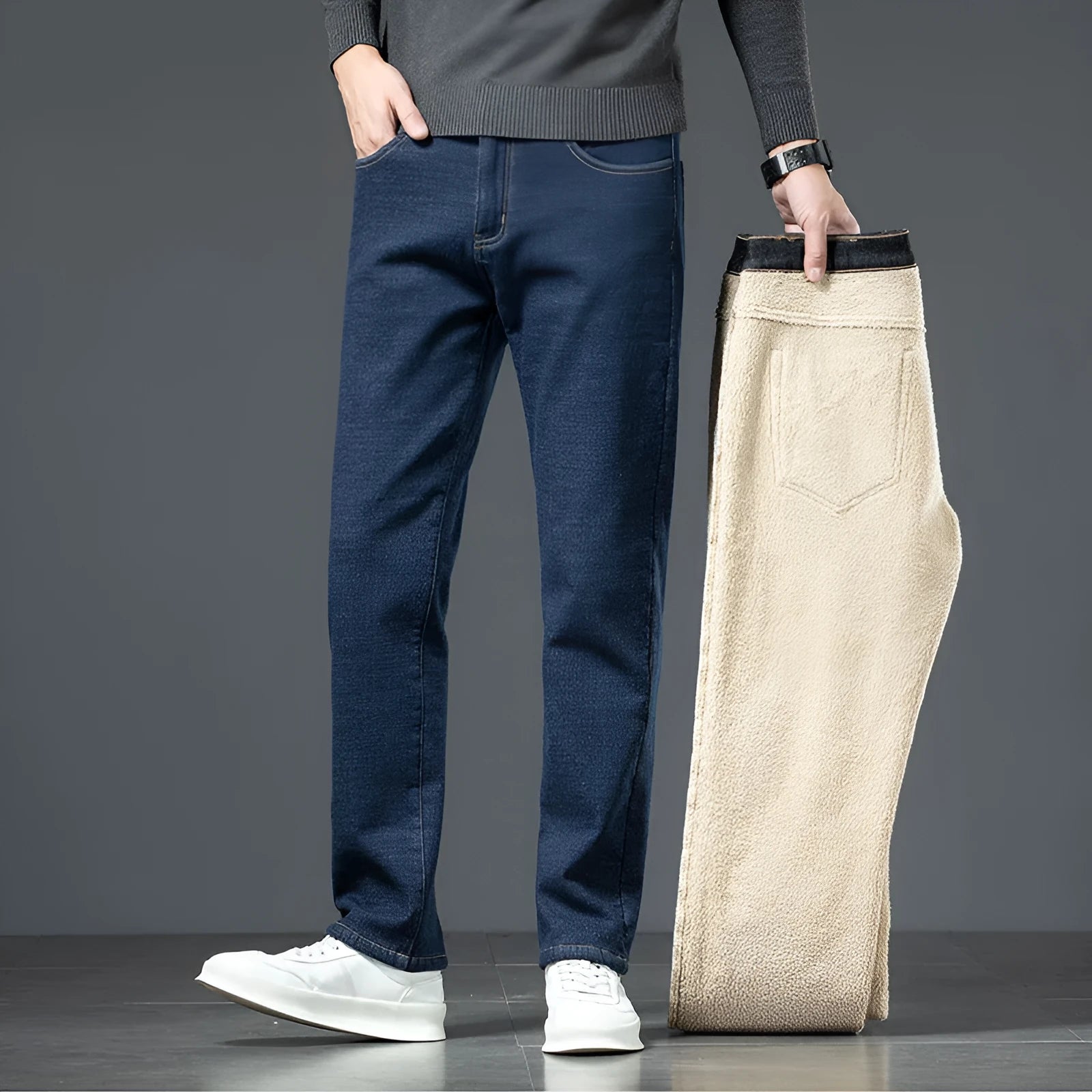 Men's loose straight fleece-lined jeans in black with lamb fleece lining, chenille fabric, sizes 29-48