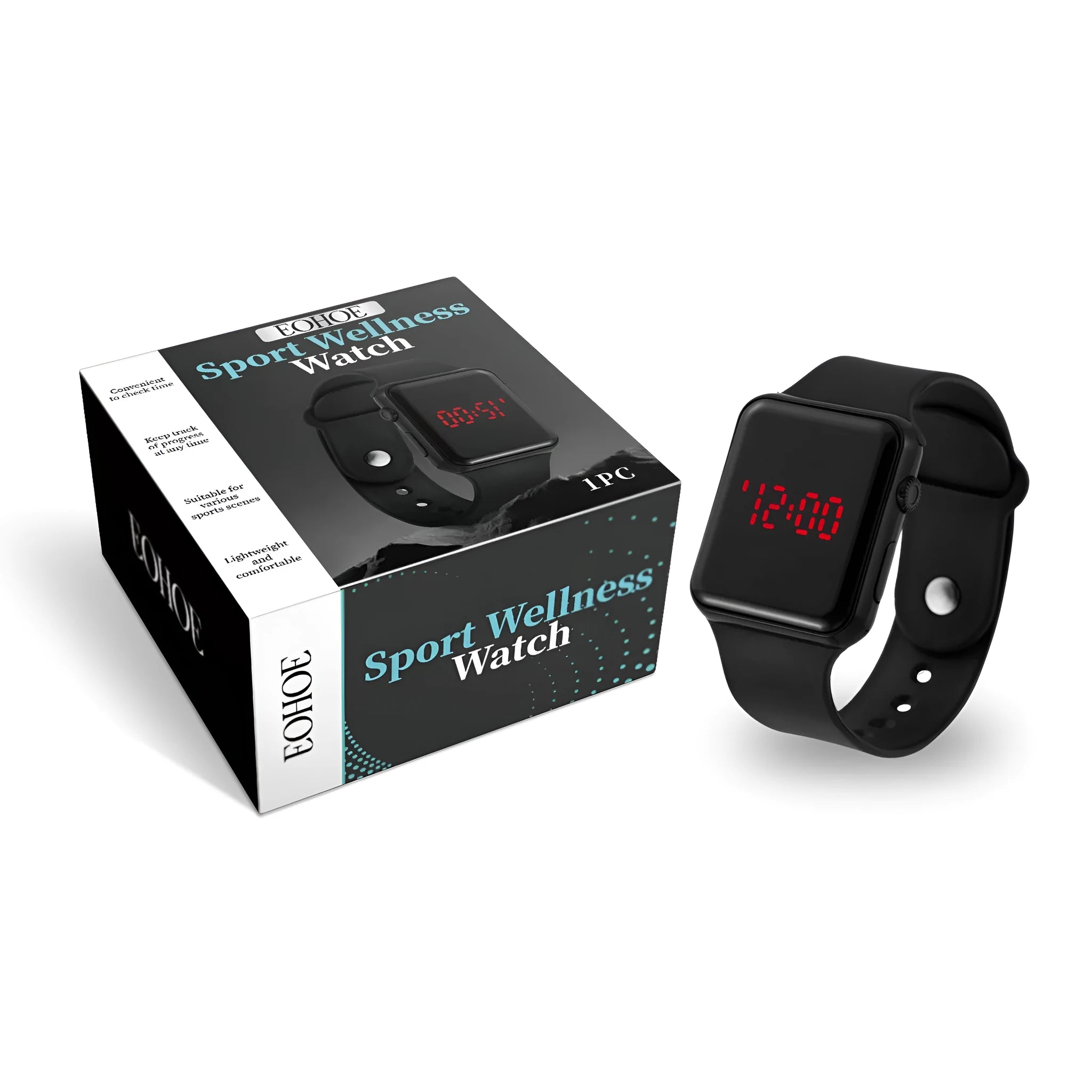Sport wellness watch with black silicone gel strap on a wrist, fitness tracker for daily activity