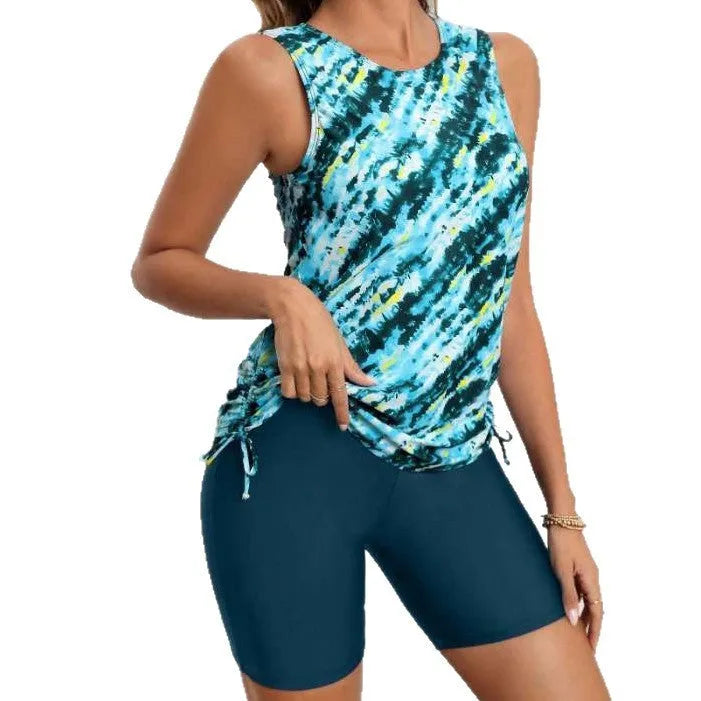 Sexy print high waist boxer vest tankini slimming swimsuit for women in blue and green