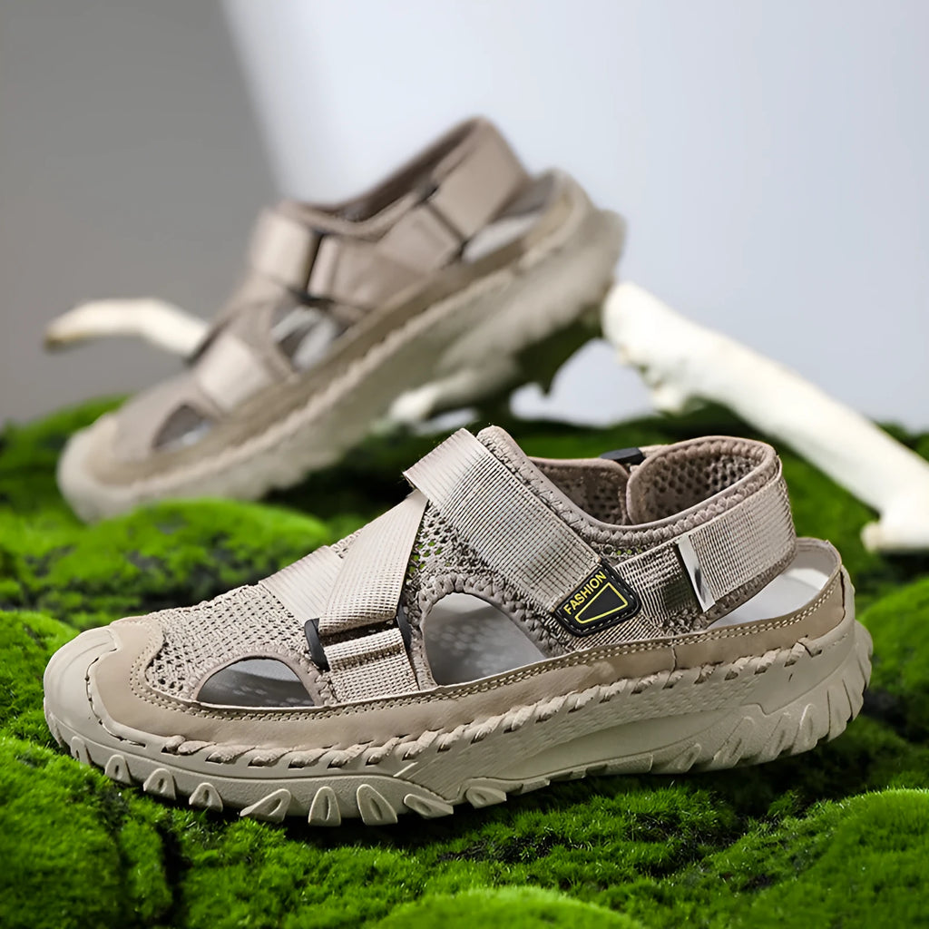 Men's grey genuine leather casual sandals with breathable mesh lining and elastic band closure