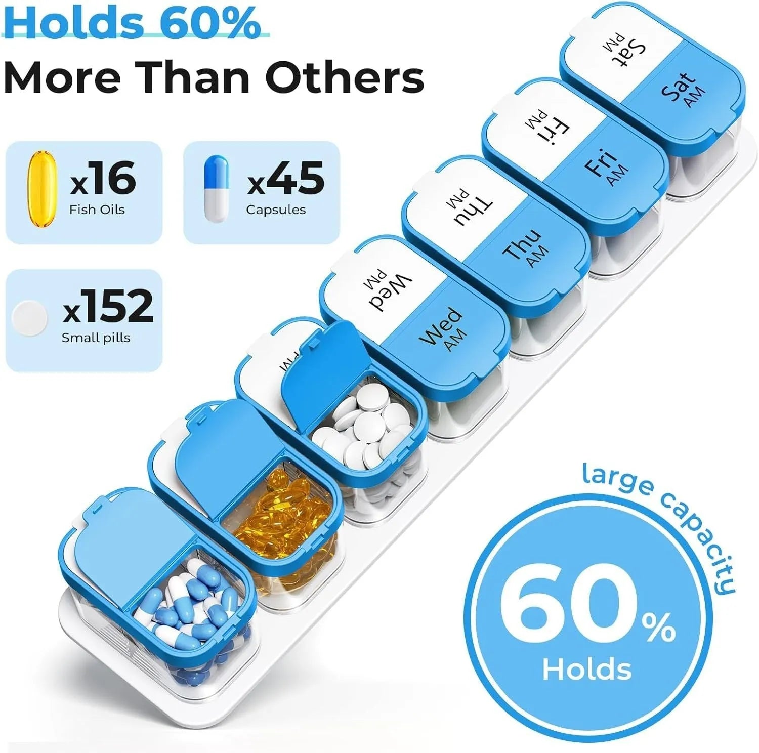 White and rainbow coloured portable weekly pill organiser with 14 removable compartments.