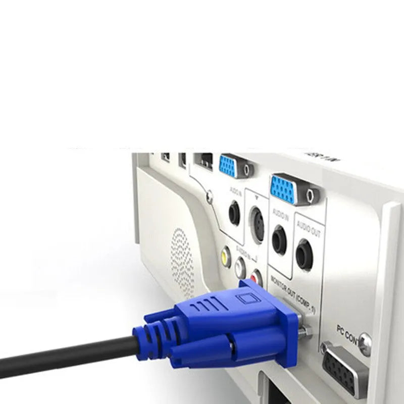 Black VGA cable with blue moulded heads measuring 1.5 metres for computer monitor connections