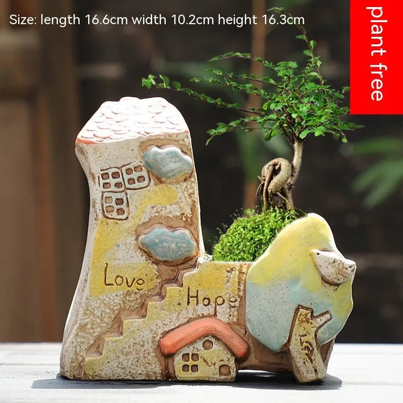 Hand-painted ceramic large caliber flower pot with cute pastoral design