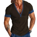 Men's short sleeve V-neck striped T-shirt top in loose polyester, available in four colours and sizes S to XXXL